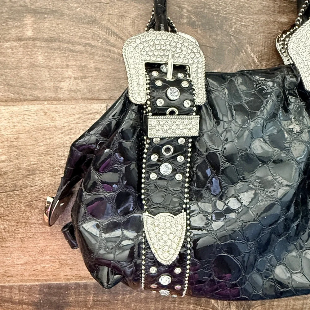 Charm and Luck Y2K Black Rhinestone Buckle Patent Croc Satchel Bag, Medium